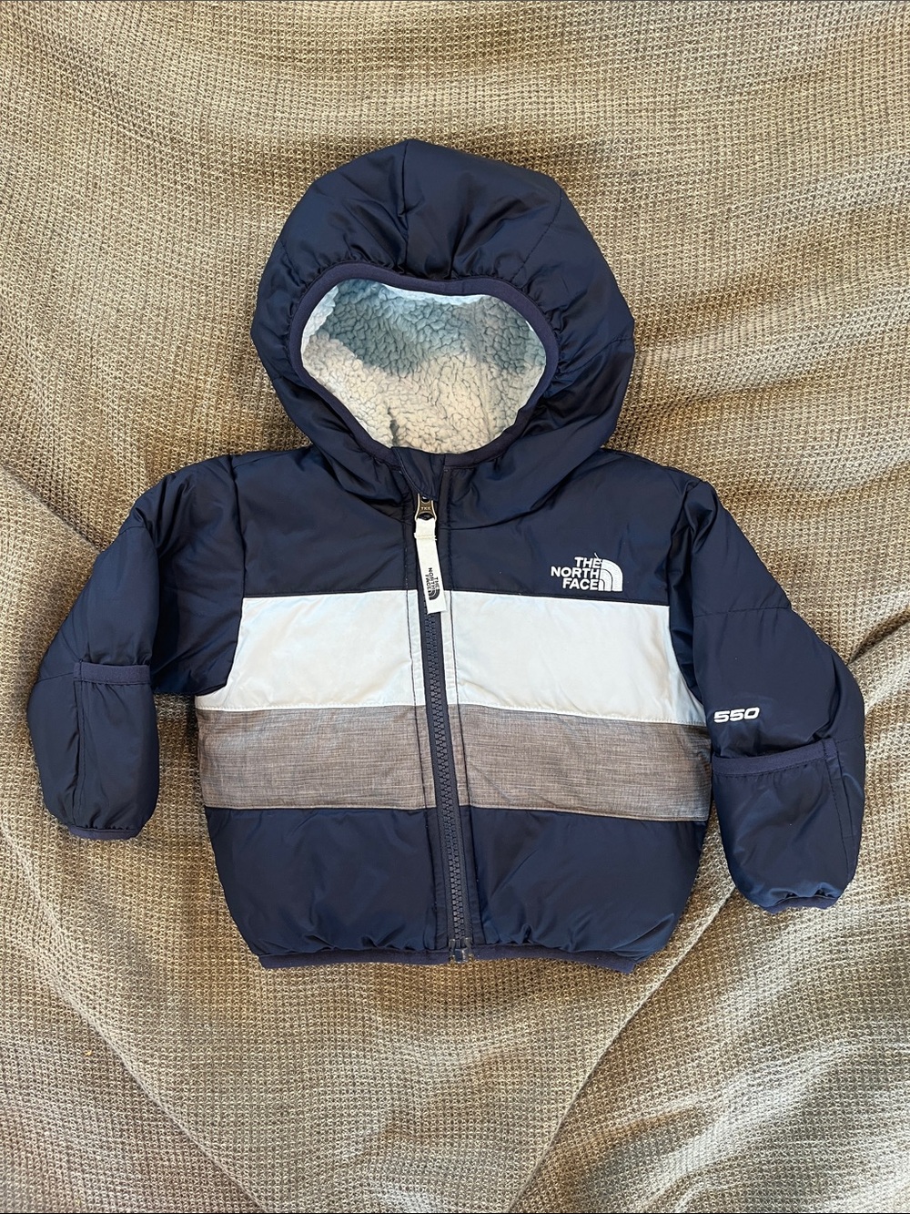 The North Face Navy, White & Heather Gray Toddler Hooded Puffer Jacket